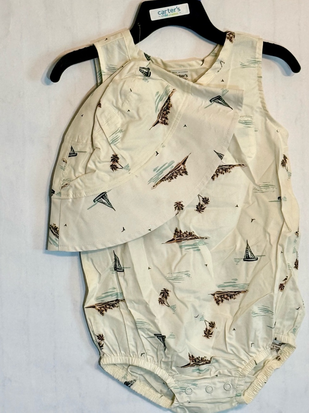 Carter's Cream Nautical Print Baby Romper with Matching Sun Hat